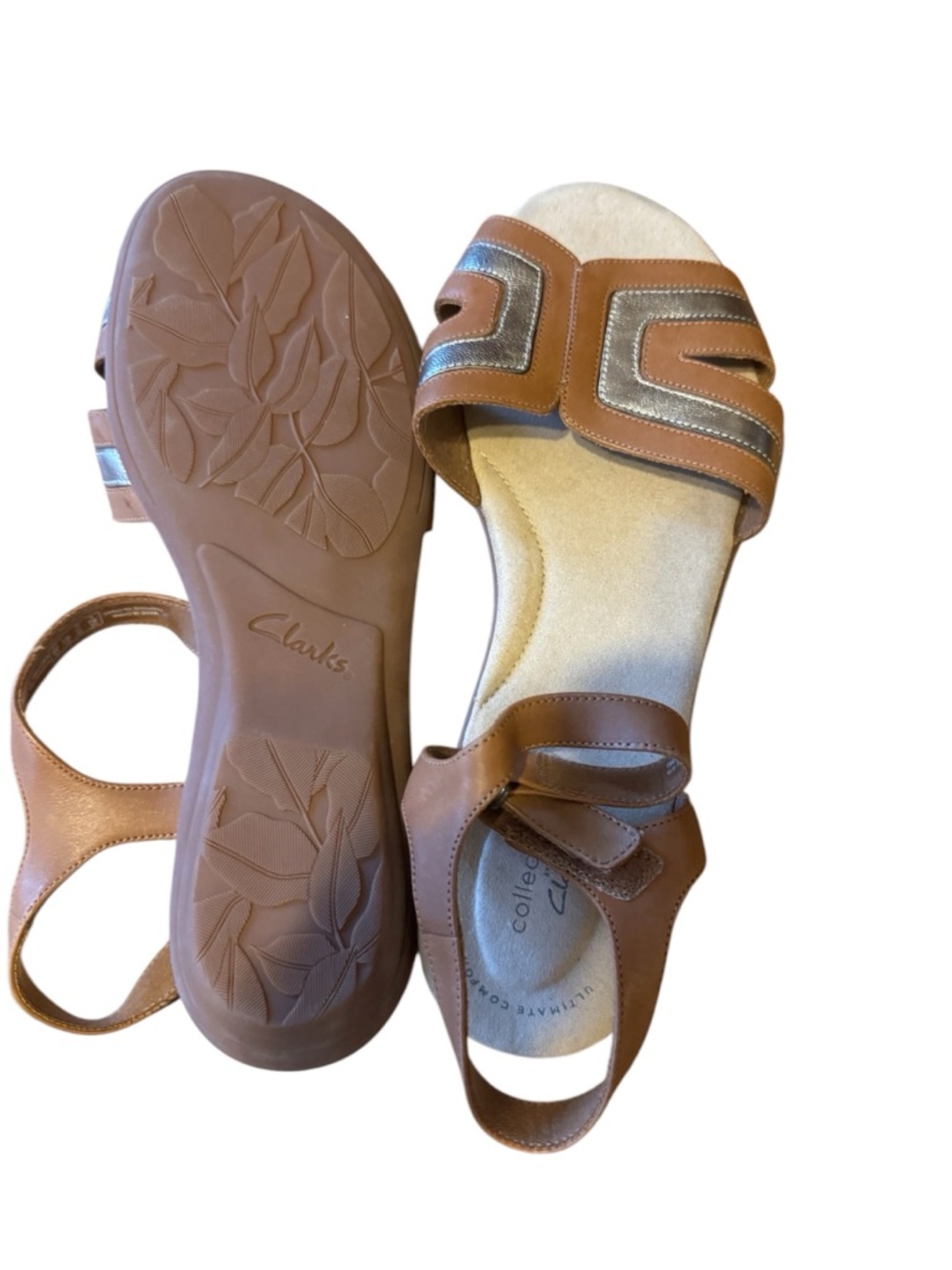 Clarks Women’s Brown Leather Slingback Sandals with Metallic Accents size 11